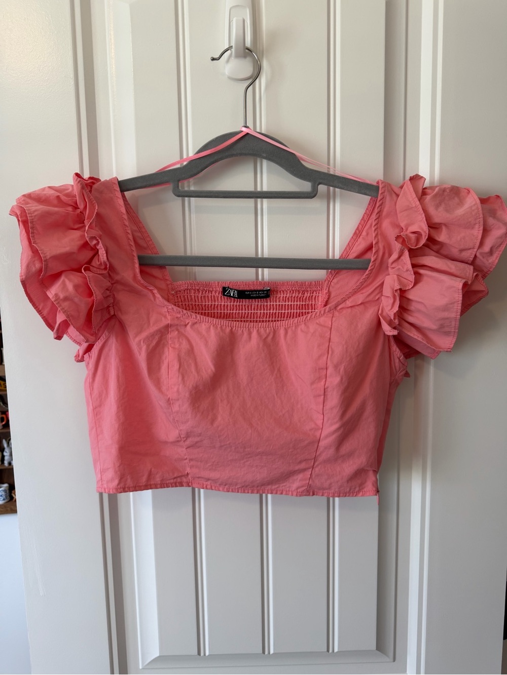 Zara Coral Pink Ruffle-Sleeve Crop Top
